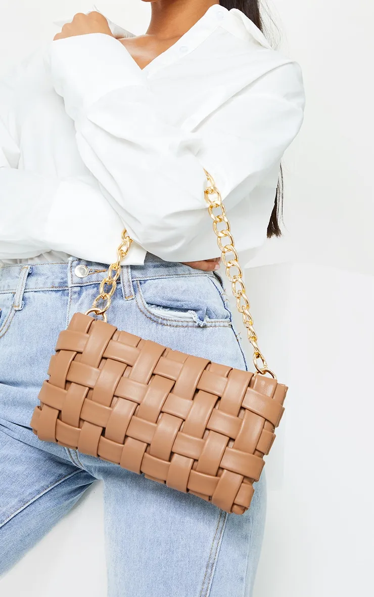 Tan Oversized Weave With Gold Chain Cross Body Bag