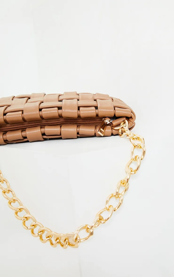 Tan Oversized Weave With Gold Chain Cross Body Bag