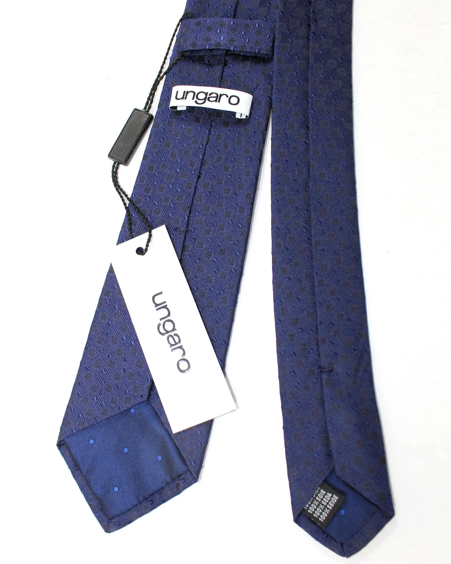 Ungaro Silk Tie Dark Blue Geometric - Narrow Cut Designer Necktie SALE