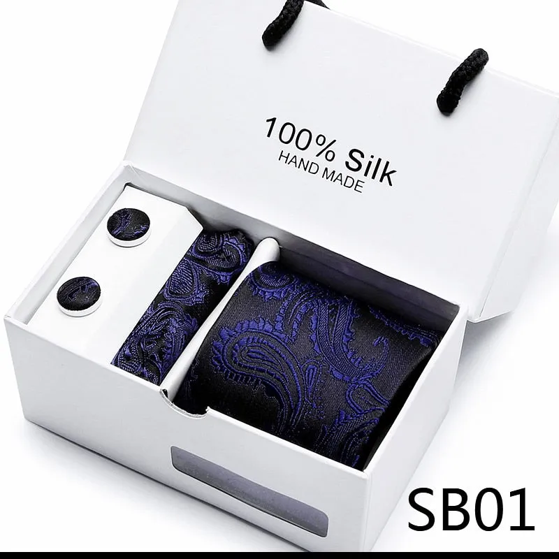 Xituodai Gift box Office  Men Classic Party Wedding striped 7.5cm Silk Wedding  Floral Tie Necktie Handkerchief Set