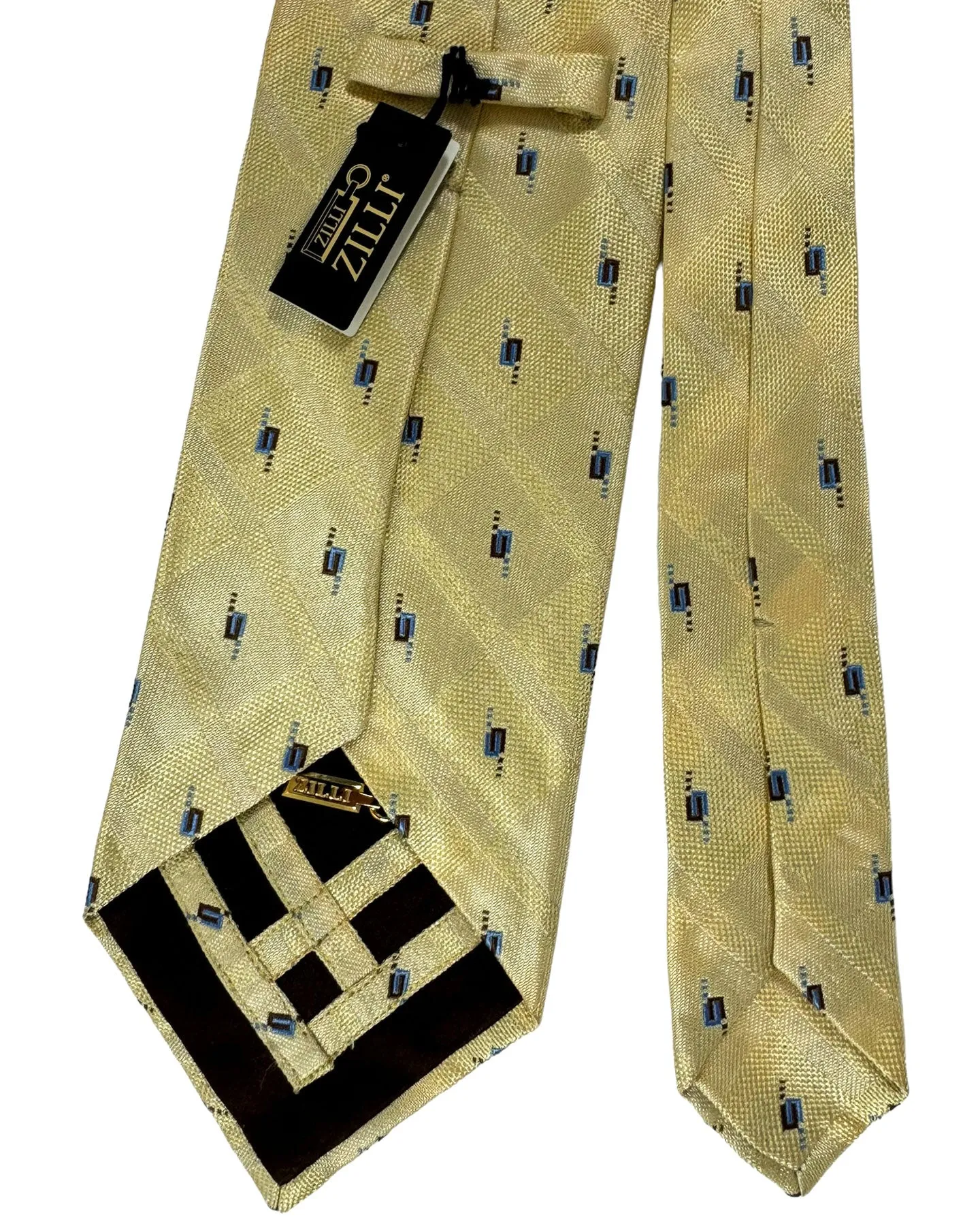 Zilli Silk Tie Yellow Cream Blue Brown Micro Pattern - Wide Necktie